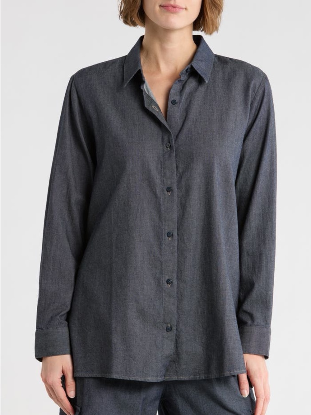 Eileen Fisher 100% Organic Cotton Blue Chambray Classic Collar Button-Up Shirt